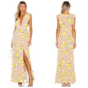 Majorelle Sweet Pea Maxi Dress Revolve Tan Lemon Wrap Deep Plunge Womens Size XS